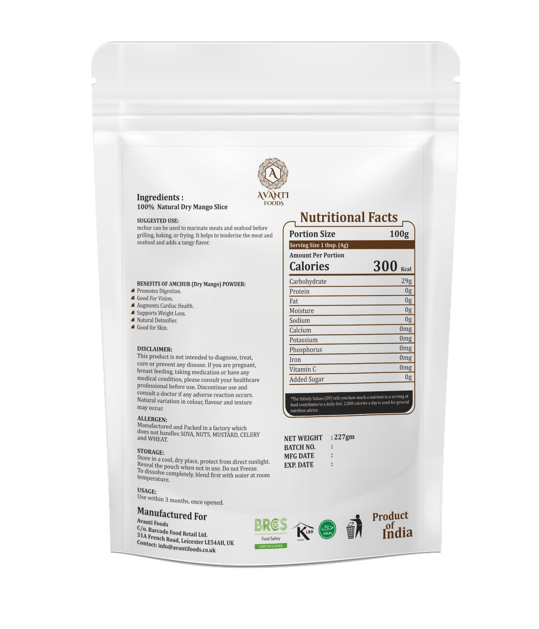 Avanti Foods Amchur Powder, Dry Mango, 227g, Vegan, No Preservatives, for Curries, Chutneys and Marinades