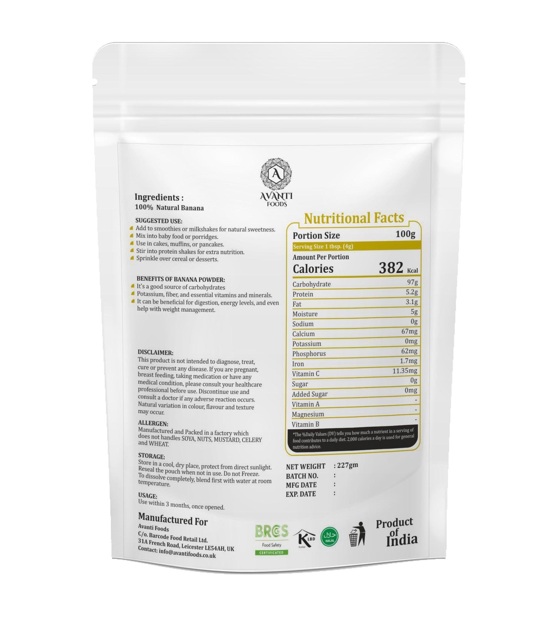Natural & Pure Banana Powder, 100% Natural, No Additives, Nutrient-Rich, 227g