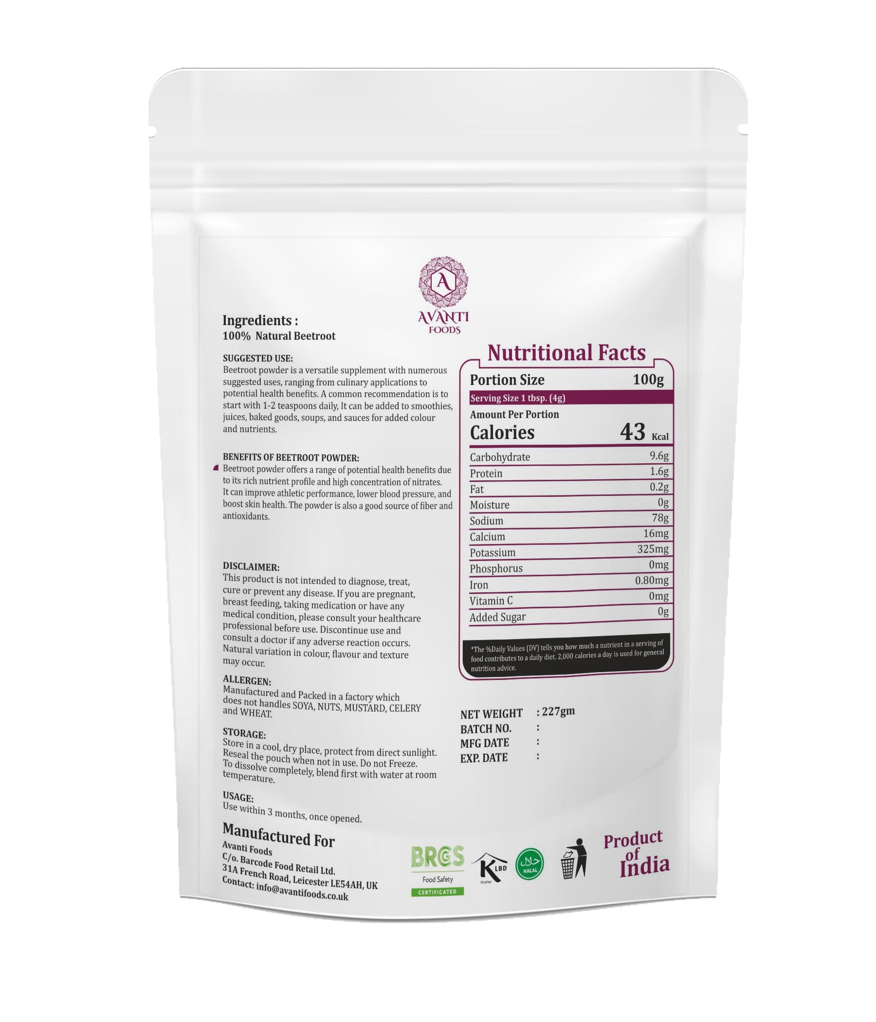 Beetroot Powder 100% Natural Beetroot Powder | Smoothies, Drinks, Baking & Cooking | Vegan Friendly | No Added Preservatives | Premium Vegetable Powder
