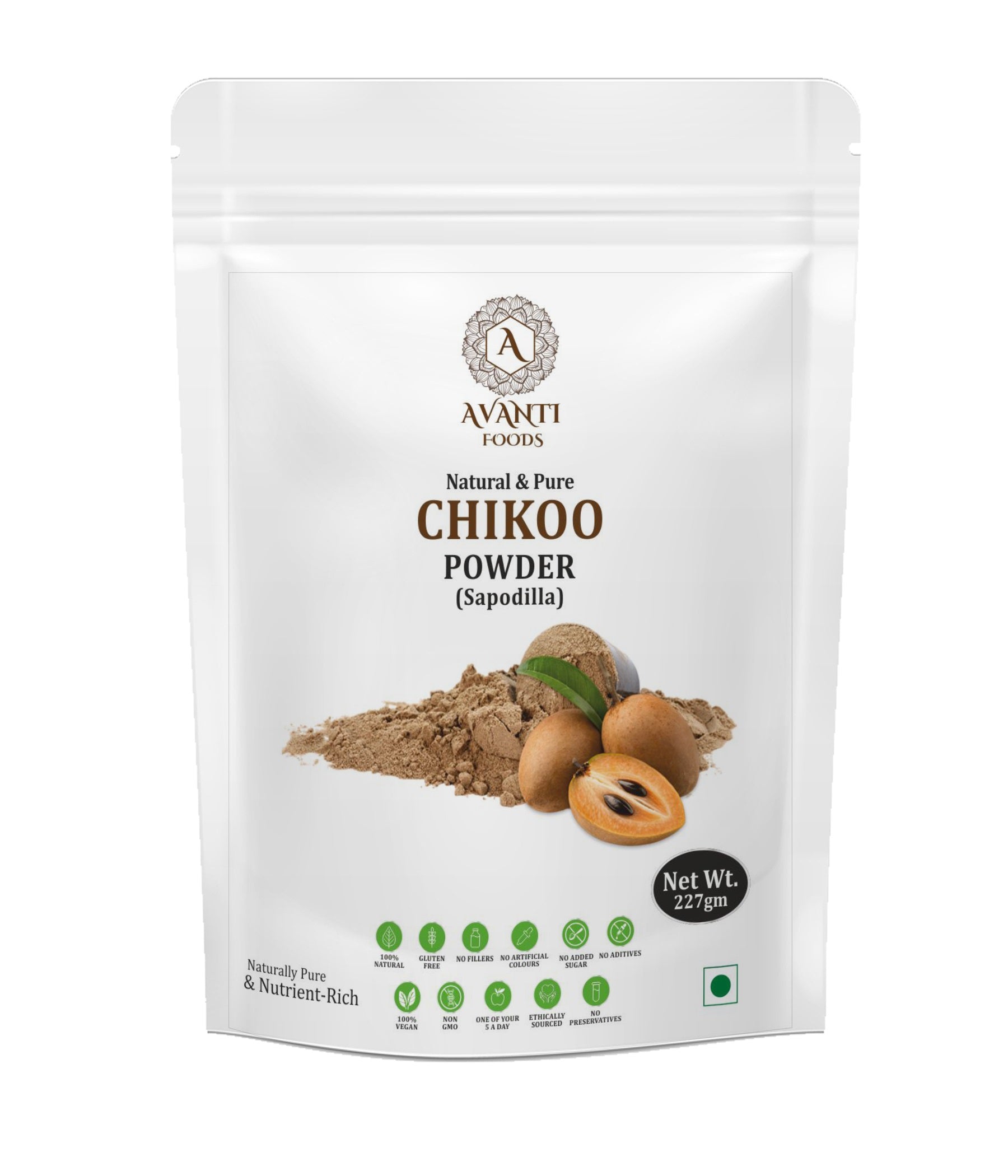 Avanti Foods Natural Chikoo Powder, 100% Pure Sapodilla Fruit Powder, 227g, Vegan, No Added Sugar, for Smoothies and Baking