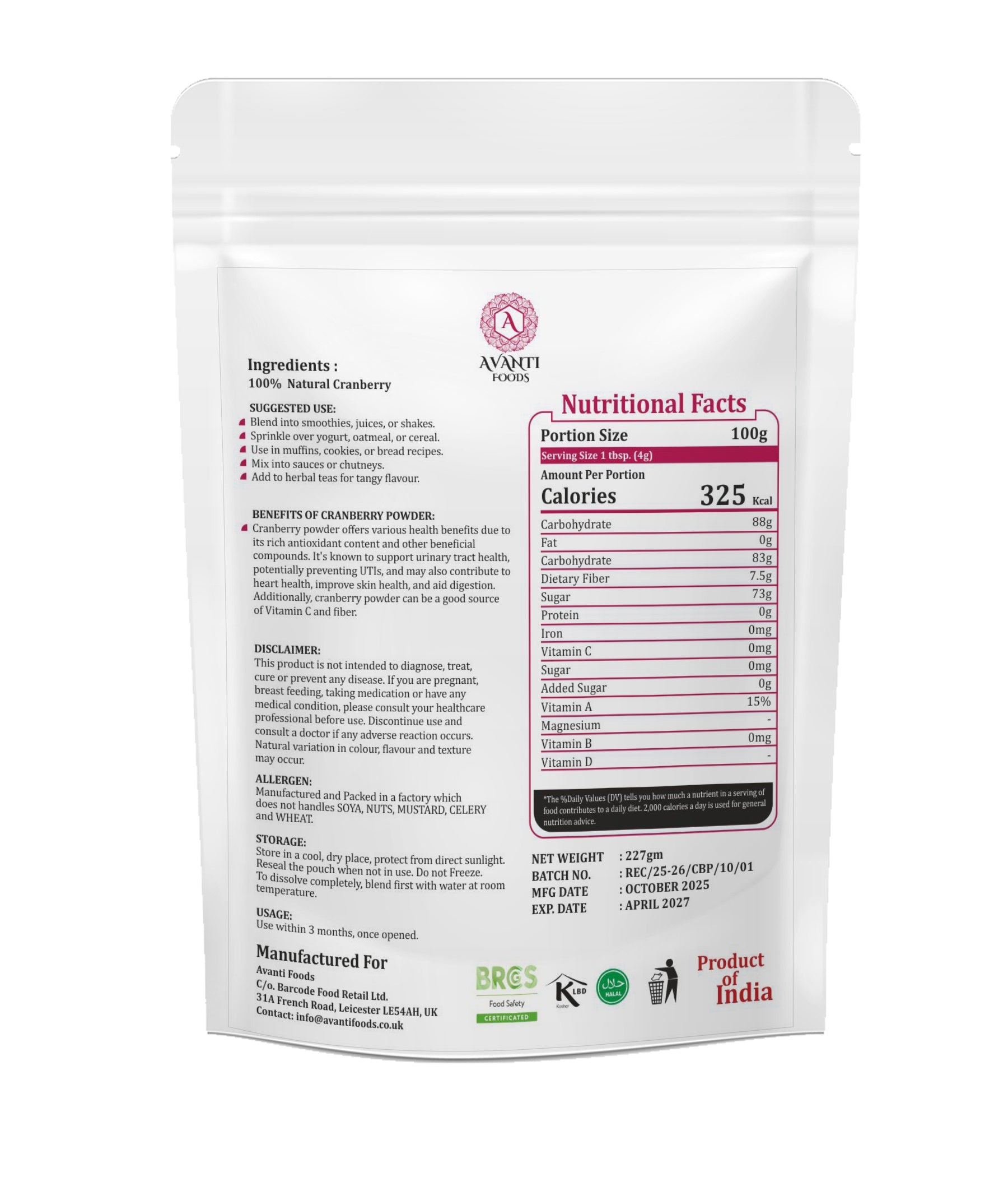 Cranberry Powder Natural Cranberry Fruit Powder | Smoothies, Drinks, Baking & Yogurt | Vegan Friendly | No Added Sugar | Premium Superfruit Powder