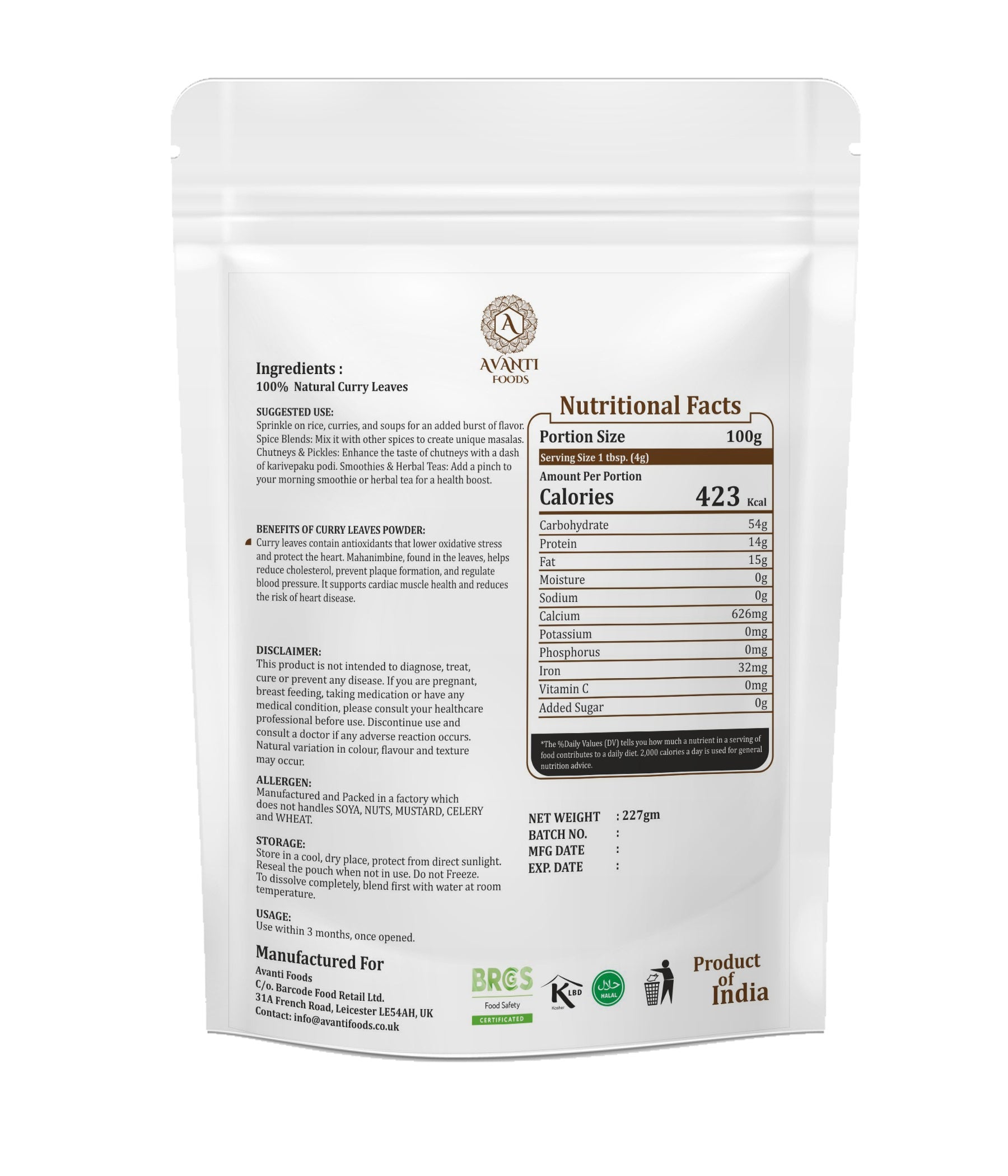 AVANTI FOODS Curry Leaves Powder, Ground, 100% Natural, Vegan, No Preservatives, for Cooking, Seasoning, Curries and Chutneys, 227g