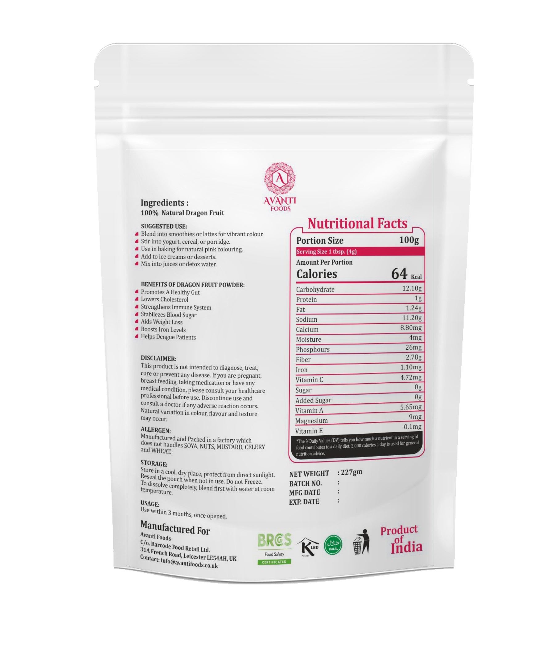 Dragon Fruit Powder 100% Natural Pitaya Fruit Powder | Smoothies, Drinks, Yogurt & Baking | Vegan Friendly | No Added Sugar | Premium Superfruit Powder