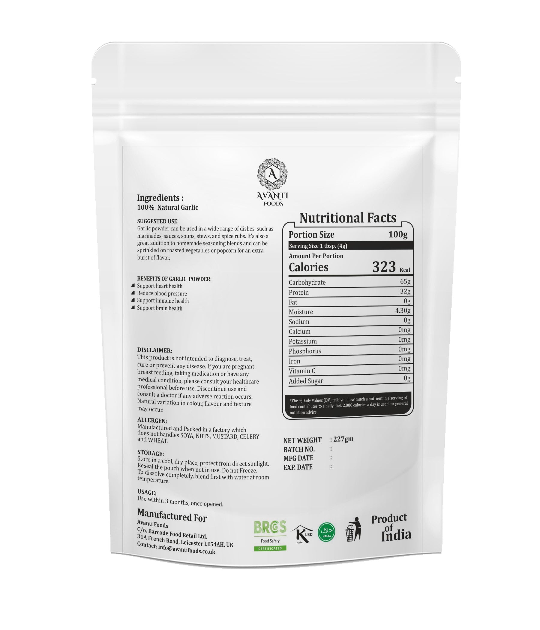 Avanti Foods Natural & Pure Garlic Powder, Dehydrated, 227g, Gluten Free, No Preservatives, Vegan, for Cooking, Seasoning, Marinades & Sauces