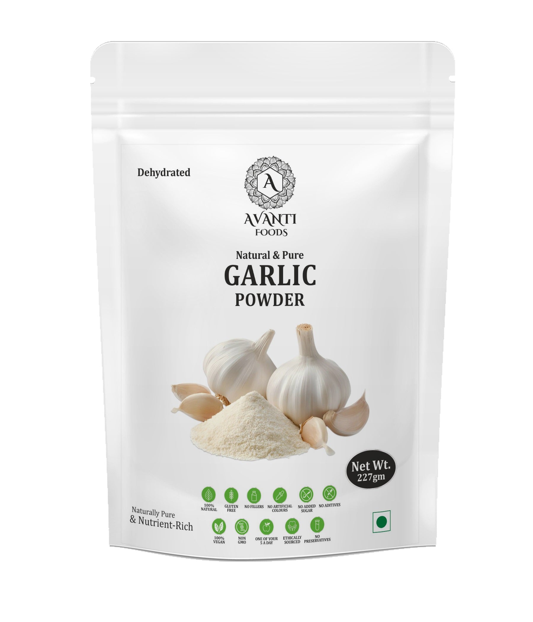 Avanti Foods Natural & Pure Garlic Powder, Dehydrated, 227g, Gluten Free, No Preservatives, Vegan, for Cooking, Seasoning, Marinades & Sauces