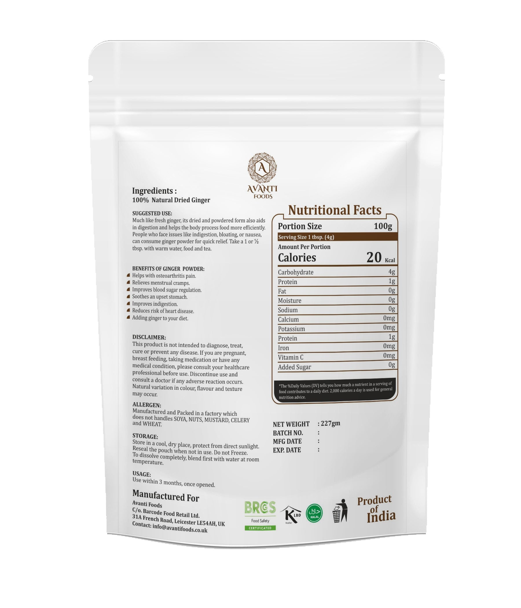 AVANTI FOODS Natural & Pure Ginger Powder, Ground, 227g, Gluten Free, Vegan, No Preservatives, for Cooking, Baking & Tea