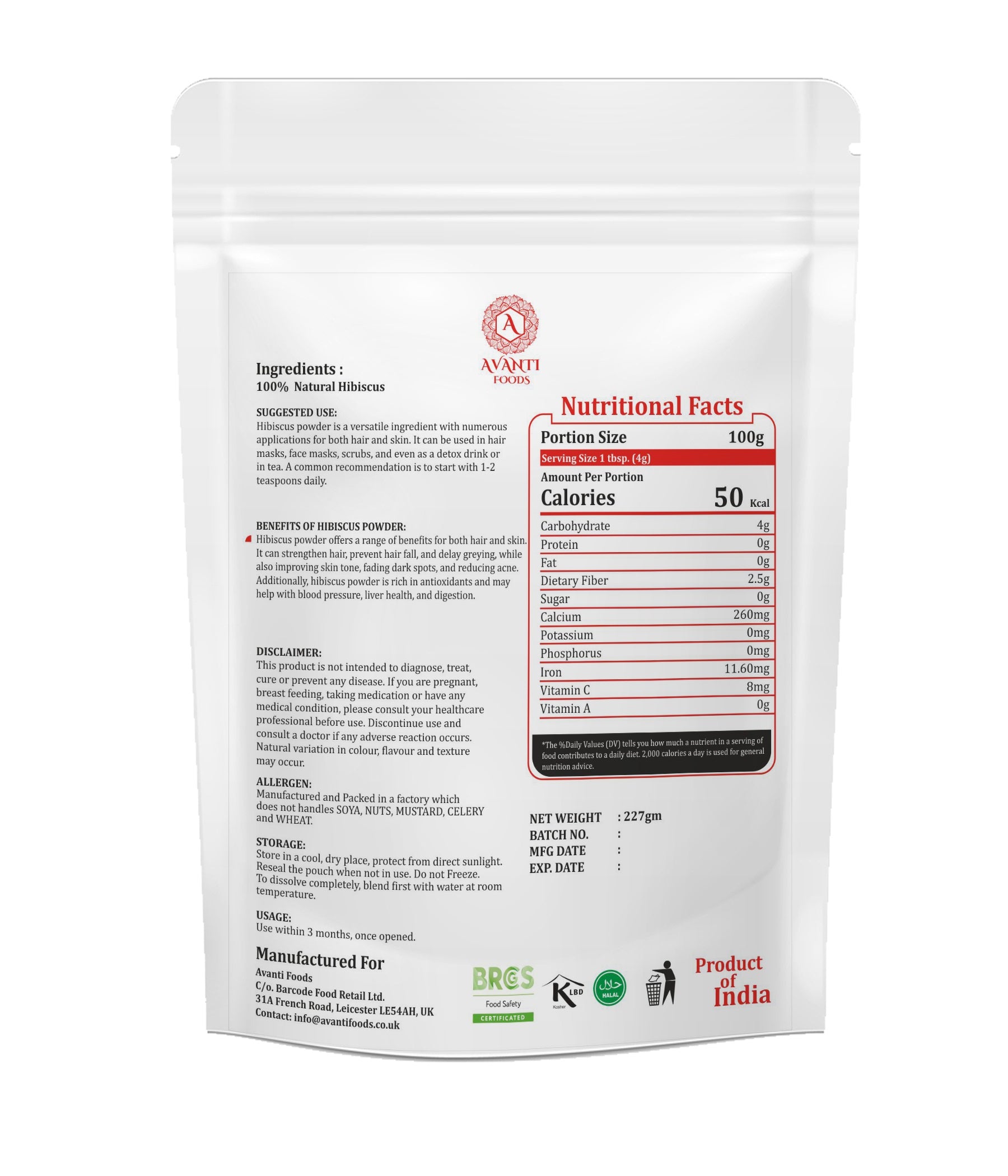 Hibiscus Powder 100% Natural Hibiscus Flower Powder | Tea, Drinks, Smoothies & Recipes | Vegan Friendly | No Added Preservatives | Premium Herbal Powder