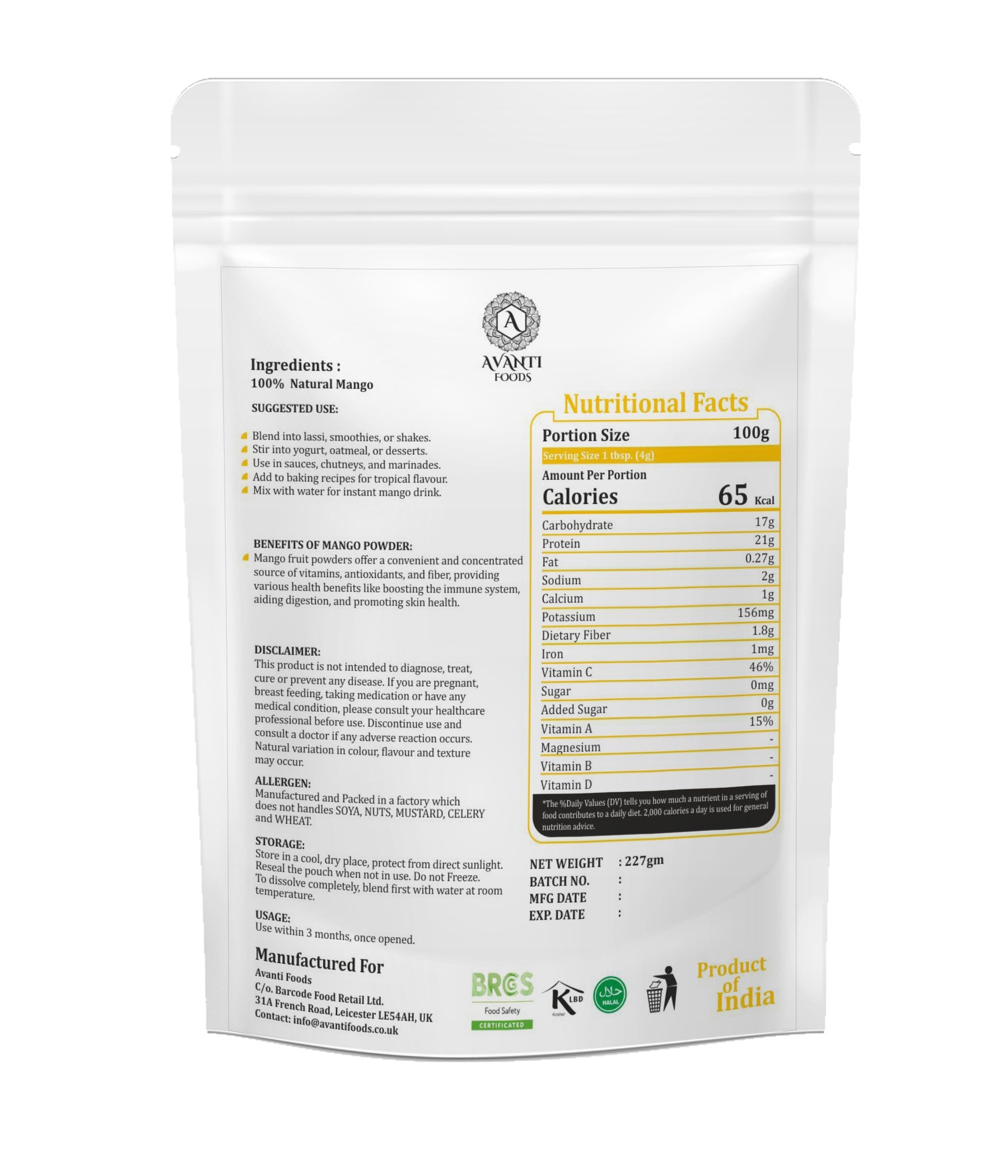 Natural & Pure Mango Powder, 100% Natural, No Additives, Vegan, Gluten-Free, 227g