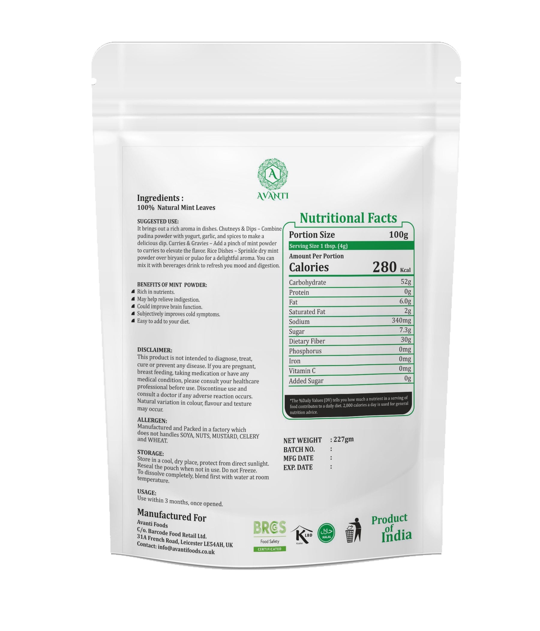 AVANTI FOODS Natural & Pure Mint Powder, Dehydrated, Ground, 227g, for Cooking, Drinks, Seasoning & Sauces, Vegan, No Preservatives
