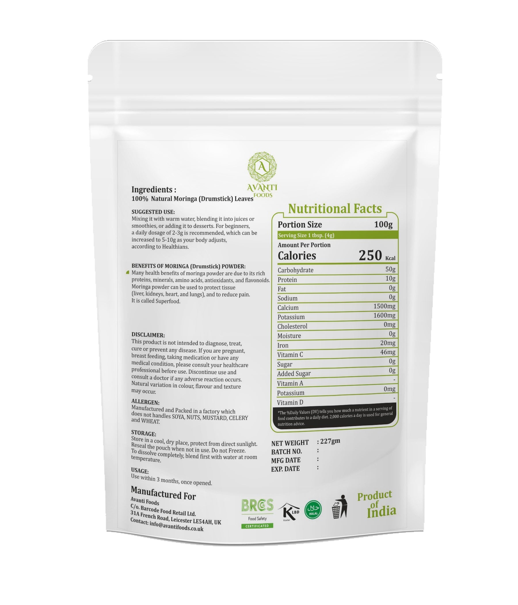 Moringa Powder 100% Natural Moringa Leaf Powder | Smoothies, Tea, Cooking & Baking | Vegan Friendly | No Added Preservatives | Premium Green Superfood Powder