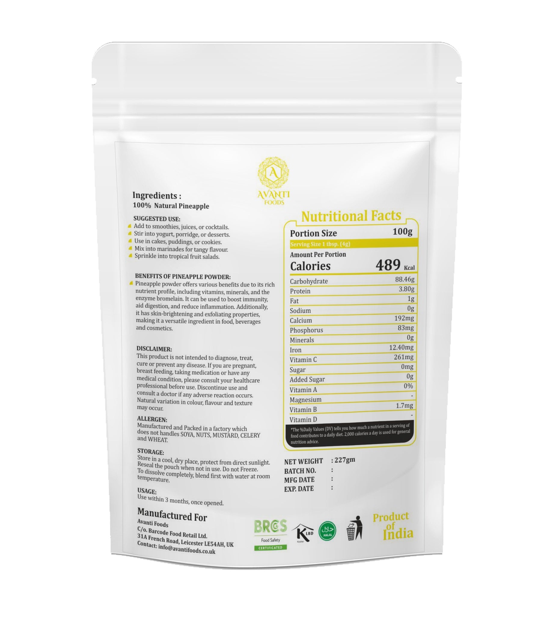 Avanti Foods Pineapple Powder, 100% Natural, 227g, Vegan, No Added Sugar, Gluten Free, for Smoothies and Baking