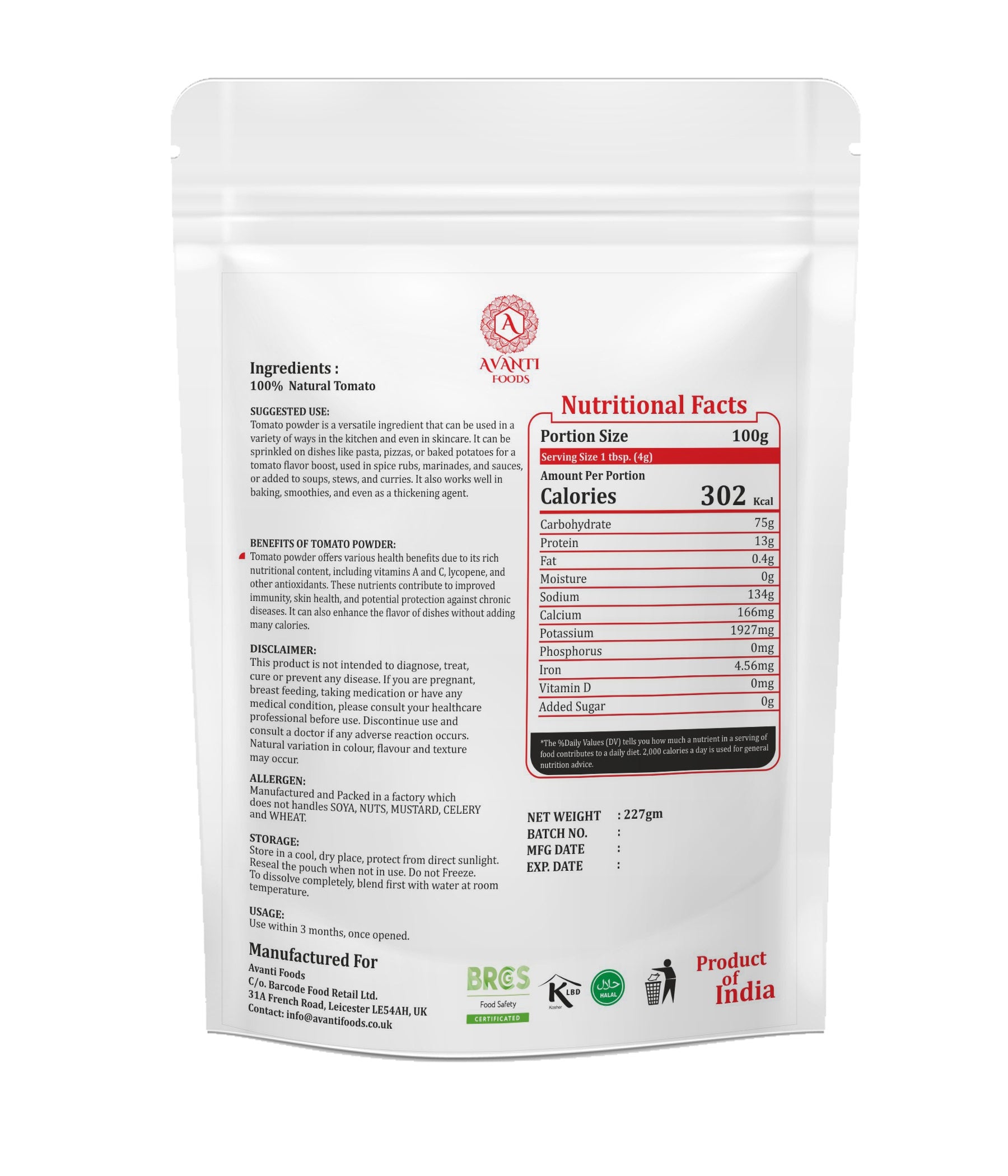AVANTI FOODS Natural & Pure Tomato Powder, 227g, 100% Natural, Vegan, Gluten Free, No Preservatives, for Soups, Sauces & Seasoning