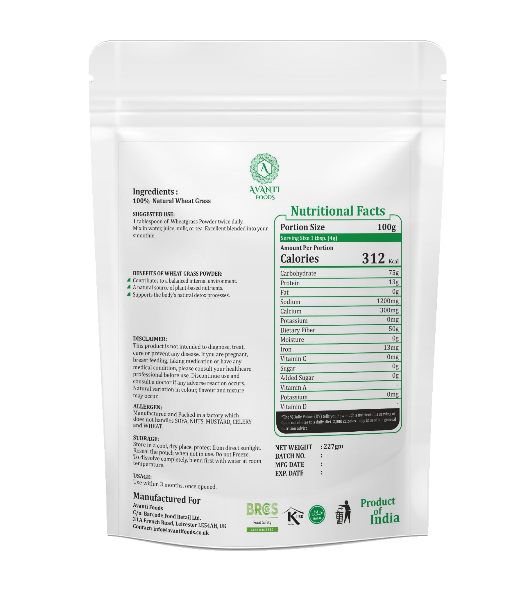 Wheatgrass Powder 100% Natural Wheat Grass Powder | Smoothies, Green Drinks & Recipes | Vegan Friendly | No Added Preservatives | Premium Green Superfood Powder